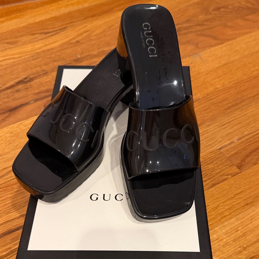 Gucci Black Patent Platform Square-Toe Mules